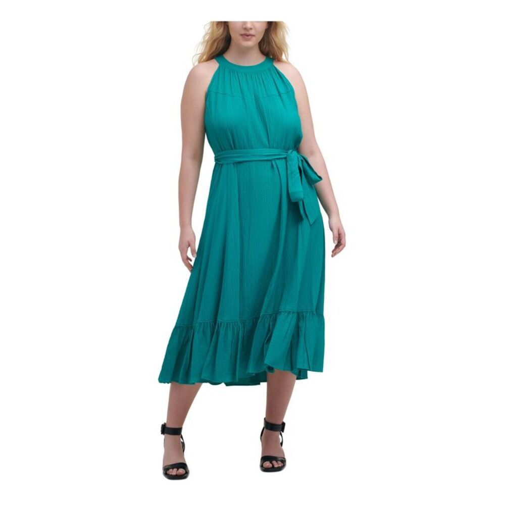 CALVIN KLEIN Womens Turquoise Tie Gauze Sleeveless Midi Dress Plus 16W